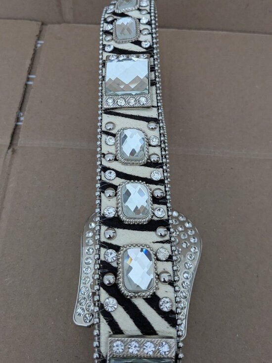 Beltiscool Cow Hair Western Rhinestone Ornaments Zebra Print Genuine Leather Bel